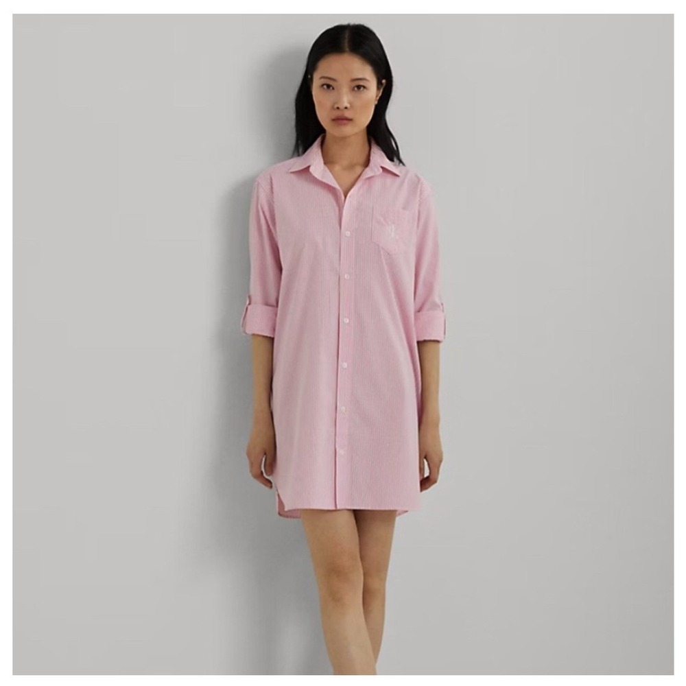 Ralph Lauren Womens Preppy Striped Pajama Shirt Dress Size L Pink Cotton Button